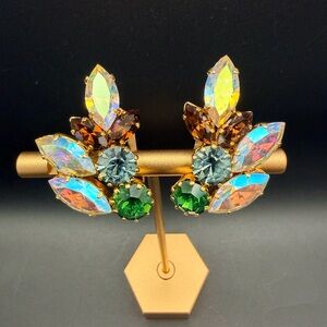 Vintage Juliana Style AB Rhinestone Clip Earrings Green Blue Gold Statement